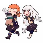  2girls annette_fantine_dominic blue_legwear book closed_eyes closed_mouth do_m_kaeru fire_emblem fire_emblem:_three_houses garreg_mach_monastery_uniform holding holding_book holding_paper long_hair long_sleeves lysithea_von_ordelia multiple_girls open_mouth orange_hair paper pink_eyes simple_background twintails uniform white_background white_hair 