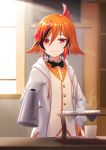  1girl animare blurry blurry_background coffee_cup coffee_pot cup disposable_cup eliot_c_f highres jacket kazami_kuku looking_at_viewer orange_eyes orange_hair short_hair smile solo virtual_youtuber window 