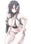  1girl battleship_hime battleship_summer_hime bikini black_bikini black_hair blush breasts cleavage closed_mouth collar collarbone commentary_request hair_between_eyes highres horns kantai_collection kneeling large_breasts long_hair looking_at_viewer metal_collar navel oni_horns red_eyes shinkaisei-kan side-tie_bikini solo string_bikini sweat swimsuit takomeshi undressing very_long_hair white_background 