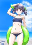  1girl artist_name bangs bikini blue_bikini blue_sky blunt_bangs blurry breasts cloud collarbone commentary_request cowboy_shot day depth_of_field green_innertube green_ribbon grey_hair hair_ribbon highres innertube kantai_collection looking_at_viewer ooshio_(kantai_collection) outdoors purple_eyes ribbon shading_eyes sky small_breasts smile smokestack solo standing swimsuit t2r twintails 
