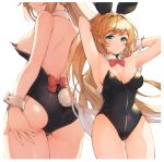  1girl animal_ears armpits arms_behind_head arms_up ass bangs bare_shoulders black_leotard blonde_hair blush bow breasts bunny_ears bunny_tail bunnysuit clarisse_(granblue_fantasy) cleavage commentary_request detached_collar eyebrows_visible_through_hair fake_animal_ears granblue_fantasy green_eyes highleg highres koretsuki_azuma leotard long_hair looking_at_viewer medium_breasts nipples parted_lips ponytail shiny shiny_clothes shiny_skin simple_background solo strapless strapless_leotard tail thighs tied_hair wrist_cuffs 