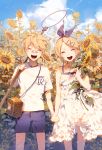  1boy 1girl ahoge bandaid bandaid_on_nose blonde_hair butterfly_net closed_eyes cloud cloudy_sky commentary dress facing_viewer fajyobore323 field flower flower_field hair_ornament hairclip hand_net holding_butterfly_net holding_hands kagamine_len kagamine_rin open_mouth plant shirt short_hair shorts siblings sky smile standing sunflower twins vocaloid white_dress 