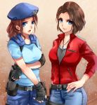  2girls arm_under_breasts belt belt_pouch beret black_gloves blue_eyes blue_headwear blue_pants blue_shirt breasts brown_background brown_hair claire_redfield commentary_request cowboy_shot denim elbow_pads emblem eyes_visible_through_hair fingerless_gloves forehead gloves gradient gradient_background grey_sweater hand_on_hip hat holster holstered_weapon jacket jeans jewelry jill_valentine knife knife_holster light_smile lips looking_at_viewer medium_breasts medium_hair multiple_girls nagare necklace open_mouth pants pendant pouch red_jacket resident_evil resident_evil_2 shirt short_hair short_ponytail short_sleeves side-by-side standing sweater twitter_username unzipped 