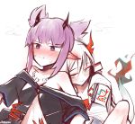  2girls abs arknights blush daiishori demon_horns embarrassed fiery_tail highres horns hug hug_from_behind lava_(arknights) multiple_girls nian_(arknights) pointy_ears tail touching yuri 