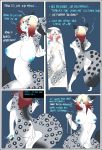  2016 anthro areola big_breasts blue_areola blue_background blue_nipples blue_nose blue_pussy blue_tongue breasts chest_tuft clothing costume countershading dialogue english_text felid female fur fursuit genitals glowing gradient_hair grey_body grey_fur hair hi_res holding_breast licking licking_lips looking_at_self mammal mirror mxl navel nipples nude orange_eyes pantherine pussy red_hair simple_background smile snow_leopard solo spots spotted_body spotted_fur standing suit_transformation text tongue tongue_out transformation tuft white_countershading zipper 