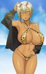  1girl animal_print bangs bikini black_jacket blue_sky breasts dark_skin earrings eyebrows_visible_through_hair gyaru hair_between_eyes hajimete_no_gal halterneck hand_up handplug highres honjou_ranko hoop_earrings jacket jewelry kogal large_breasts leopard_print nail_polish navel necklace o-ring o-ring_top ocean open_clothes open_jacket open_mouth pink_nails purple_eyes ring short_hair sky standing swimsuit thighs tongue tongue_out water 