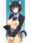  1girl absurdres animal_ear_fluff animal_ears bandaid bandaids_on_nipples black_eyes black_hair black_neckwear blue_collar blush bow breasts breasts_outside cat_ears cat_girl cat_tail closed_mouth collar covering covering_crotch eyepatch gradient gradient_background grey_skirt highres kr_ohoshisama mole mole_under_eye nipples original pasties short_hair skirt solo striped striped_neckwear sweat tail tearing_up 