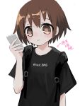  1girl absurdres black_shirt blush brown_eyes brown_hair cellphone closed_mouth clothes_writing highres holding holding_phone kill_me_baby nadegata oribe_yasuna phone shirt short_hair short_sleeves simple_background smartphone smile solo translation_request upper_body white_background 