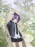  1girl absurdres black_neckwear black_skirt blurry blurry_background closed_mouth coat collared_shirt cowboy_shot depth_of_field goshiki_agiri grey_coat grey_jacket highres jacket kill_me_baby long_hair looking_at_viewer nadegata necktie pleated_skirt purple_eyes purple_hair rain shirt skirt solo standing white_shirt wing_cap wing_collar 