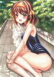  1girl :d bangs barefoot blue_swimsuit blush brown_eyes brown_hair day eyebrows_visible_through_hair hair_between_eyes hair_ribbon hairband marker_(medium) medium_hair open_mouth orange_hairband orange_ribbon outdoors ribbon school_swimsuit shiny shiny_hair sitting smile solo suzumiya_haruhi suzumiya_haruhi_no_yuuutsu swimsuit tomoeri traditional_media 