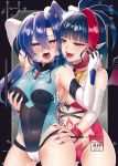  2girls :p after_kiss am._(an_s21r) blue_eyes blue_hair blue_leotard blush breast_grab breasts cameltoe covered_navel covered_nipples grabbing heart heart-shaped_pupils highres impossible_clothes kazanari_tsubasa leotard long_hair looking_at_another medium_breasts millaarc multicolored_hair multiple_girls navel pink_hair pointy_ears purple_eyes red_hair saliva saliva_trail senki_zesshou_symphogear senki_zesshou_symphogear_xv shiny shiny_clothes shiny_hair shiny_skin short_hair skin_tight sweat symbol-shaped_pupils tongue tongue_out two-tone_hair vampire yellow_eyes yuri 