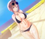  1girl 3d arms_behind_back atelier_(series) atelier_ryza beach bikini black_bikini blue_sky boat breasts brown_hair cleavage cocoron_cm3d2 dutch_angle eyewear_on_head hair_ornament highres jewelry large_breasts multi-strapped_bikini_bottom navel necklace ocean reisalin_stout short_hair sky smile solo star_(symbol) star_necklace sunglasses swimsuit thick_thighs thighs watercraft wet white_headwear 