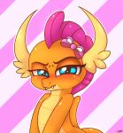  2020 absurd_res blue_eyes bow cute_fangs dragon fangs female friendship_is_magic hasbro heavymetalbronyyeah hi_res my_little_pony orange_body pink_background pupils reptile scalie simple_background slit_pupils smolder_(mlp) solo wings 