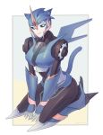  1girl absurdres animal_ears arcee autobot blue_eyes cat_ears cat_tail fake_animal_ears highres jijing5658 kneeling looking_to_the_side mechanical_ears no_humans smile solo tail transformers transformers_prime twitter_username 