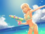  1girl beach bikini blonde_hair brown_eyes cagalli_yula_athha gun gundam gundam_seed holding holding_gun holding_weapon navel nito_minatsuki ocean open_mouth solo swimsuit water_gun weapon yellow_bikini 