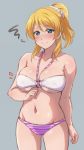 1girl ayase_eli bangs bikini blue_eyes blush breasts collarbone commentary_request covered_nipples cowboy_shot grey_background groin hair_ornament hair_scrunchie halterneck large_breasts looking_at_viewer love_live! love_live!_school_idol_project navel notice_lines o-ring o-ring_bikini ponytail scrunchie sidelocks solo squiggle striped striped_bikini swimsuit turkey_min white_scrunchie 