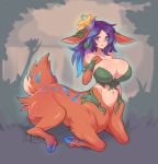  1girl animal_ears bangs bare_shoulders belka_dog blue_hair blush breasts brown_fur centauroid cleavage collarbone commentary deer_ears deer_tail eyebrows_visible_through_hair flower full_body fur gradient_hair groin hair_flower hair_ornament hand_on_own_chest huge_breasts league_of_legends lillia_(league_of_legends) long_hair looking_at_viewer midriff monster_girl multicolored_hair navel parted_bangs purple_eyes purple_hair shadow sidelocks signature sitting smile solo tail 