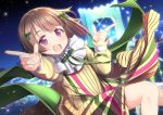  1girl :d bangs bow bridge brown_hair commentary_request dress finger_gun green_bow green_neckwear hair_bow long_sleeves love_live! love_live!_school_idol_festival_all_stars mad_(hazukiken) nakasu_kasumi neck_ribbon night open_mouth outdoors perfect_dream_project pleated_dress purple_eyes ribbon short_hair smile solo yellow_dress 