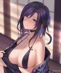  1girl alternate_costume ark_royal_(azur_lane) artist_name azto_dio azur_lane bangs bare_shoulders bikini bikini_top black_bikini breasts choker cleavage eyebrows_visible_through_hair floral_print hair_between_eyes head_tilt highres indoors japanese_clothes kimono large_breasts looking_at_viewer medium_hair off_shoulder open_clothes open_kimono parted_lips purple_eyes purple_hair shouji sidelocks sliding_doors swimsuit upper_body wooden_floor yukata 