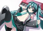  aqua_eyes aqua_hair aqua_neckwear blush breasts detached_sleeves green_hair hatsune_miku long_hair navel necktie open_clothes open_shirt panties pantyshot shirt skirt small_breasts solo striped striped_panties thighhighs twintails underboob underwear vocaloid yoshihara_maito 