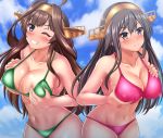  1girl ahoge bikini black_eyes black_hair blue_sky breast_hold breasts brown_eyes brown_hair cleavage cloud collarbone commentary_request cowboy_shot double_bun green_bikini grin hairband haruna_(kantai_collection) headgear kantai_collection kongou_(kantai_collection) large_breasts long_hair looking_at_viewer one_eye_closed pink_bikini sky smile solo swimsuit wet zanntetu 