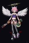  1girl :d absurdres angel_wings animal_ears ankle_cuffs armlet ball_and_chain bandaid bandaid_on_cheek black-framed_eyewear black_background black_legwear blood bloody_weapon blush bracelet bright_pupils cat_ears chimera_(nadegata) crop_top dragon_tail feathered_wings foot_wings full_body garter_belt glasses gloves grey_hair halo heart_pendant highres holding holding_knife horns jewelry knife looking_at_viewer machete multicolored_hair nadegata navel open_mouth original paw_gloves paws pink_hair purple_eyes scar semi-rimless_eyewear shoes simple_background single_horn skin-covered_horns smile solo spiked_bracelet spikes spread_wings tail tattoo thighhighs two-tone_hair under-rim_eyewear weapon white_pupils white_wings wings 