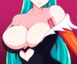  1girl bare_shoulders breasts cleavage collarbone gel_(guyver123) green_hair head_out_of_frame large_breasts lips long_hair morrigan_aensland red_background smile solo vampire_(game) 