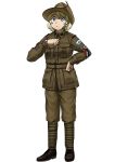  1girl absurdres anyan_(jooho) belt black_footwear blonde_hair blue_eyes brown_headwear brown_jacket brown_pants buttons closed_mouth full_body hand_on_hip hat highres jacket military military_rank_insignia military_uniform original pants shoes short_hair simple_background solo standing uniform watch white_background world_war_i wristwatch 