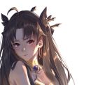  1girl ahoge backlighting bangs bare_shoulders black_bow blush bow breasts brown_hair cleavage closed_mouth collarbone earrings fate/grand_order fate_(series) hair_bow hoop_earrings ishtar_(fate)_(all) ishtar_(fate/grand_order) jewelry long_hair looking_at_viewer medium_breasts neck_ring parted_bangs red_eyes simple_background tiara tight_(ohmygod) two_side_up white_background 