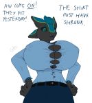  4_ears altharch annoyed anthro avali belt big_breasts black_body black_feathers black_sclera blue_body blue_clothing blue_eyes blue_feathers blue_shirt blue_topwear bottomwear breasts clothed clothing dress_shirt english_text feathers female firepawdacat_(artist) fully_clothed green_body green_feathers hi_res jakethegoat jeans multi_ear pants ralena/ralaku shirt simple_background solo tagme text tight_bottomwear tight_clothing tight_fit tight_topwear topwear wardrobe_malfunction white_background 