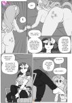  all_fours anthro butt clothed clothing comic crossed_legs dialogue english_text equid equine feet female fluttershy_(mlp) friendship_is_magic genitals hasbro hi_res horn magic mammal monochrome my_little_pony nude pegasus pia-sama pussy rarity_(mlp) sitting text unicorn wings 