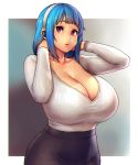  1girl arm_up arms_around_neck bangs black_skirt blue_hair border breasts cleavage curvy earbuds earphones english_commentary erkaz hairband highres huge_breasts long_sleeves looking_to_the_side medium_hair original parted_lips red_eyes ribbed_sweater rina_atherina sidelocks skirt standing sweater v-neck white_border white_hairband white_sweater wireless_earphones 
