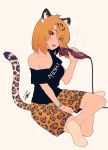  1girl adapted_costume animal_ears ankle_socks between_legs black_shirt blonde_hair blush bracelet commentary_request crossed_legs eyebrows_visible_through_hair eyes_visible_through_hair hair_straightener hand_between_legs hatagaya jaguar_(kemono_friends) jaguar_ears jaguar_girl jaguar_print jaguar_tail jewelry kemono_friends looking_at_viewer multicolored_hair off-shoulder_shirt off_shoulder print_skirt shirt short_hair sitting skirt solo straight_hair t-shirt tail white_legwear yellow_eyes 