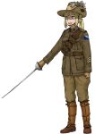  1girl absurdres anyan_(jooho) belt blonde_hair blue_eyes brown_footwear brown_gloves brown_headwear brown_jacket brown_pants buttons full_body gloves hat highres holding holding_sword holding_weapon jacket long_sleeves military military_rank_insignia military_uniform original pants pouch shoes simple_background smile solo standing sword teeth uniform weapon white_background world_war_i 