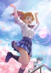  1girl :d arms_up artist_name bangs black_footwear black_legwear blue_eyes blue_skirt blue_sky blush bow bowtie breasts cherry_blossoms clenched_hands cloud commentary_request dated day highres jumping kneehighs kousaka_honoka lens_flare loafers long_hair looking_away love_live! love_live!_school_idol_project medium_breasts miniskirt mixed-language_commentary one_side_up open_mouth orange_hair otonokizaka_school_uniform outdoors petals petticoat plaid plaid_skirt pleated_skirt railing red_bow red_neckwear school_uniform shamakho shoes short_sleeves signature skirt sky smile solo spring_(season) sunlight traffic_light tree 