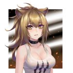  1girl animal_ear_fluff animal_ears arknights bangs bare_shoulders black_choker blush breasts brown_eyes brown_hair choker cleavage commentary_request eyebrows_visible_through_hair hair_between_eyes large_breasts lei_(shuanglei2) lion_ears long_hair looking_at_viewer parted_lips siege_(arknights) solo tank_top upper_body white_tank_top 