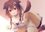  1girl :3 animal_ears anju_(mocomocousagi) bangs blue_bow blush bone_hair_ornament bow braid breasts brown_eyes brown_hair collar dog_collar dog_ears dog_girl dog_tail eyebrows_visible_through_hair fangs hair_between_eyes hair_ornament hairclip highres hololive inugami_korone jacket large_breasts long_hair looking_at_viewer loose_socks low_twin_braids open_mouth red_bow red_collar red_legwear shoes smile sneakers socks solo tail twin_braids virtual_youtuber wristband yellow_jacket 