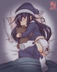  1girl akatsuki_(kantai_collection) alternate_costume animal_print artist_logo bear_panties bear_print black_hair closed_eyes commentary_request dated disembodied_limb doll_hug hat highres kanon_(kurogane_knights) kantai_collection long_hair nightcap pajamas panties pants_pull pillow print_panties sleeping underwear white_panties 