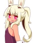  1girl :d animal_ear_fluff animal_ears bangs bare_shoulders blonde_hair blush bunny_ears bunnysuit collar eyebrows_visible_through_hair heart heart-shaped_pupils highres leotard long_hair looking_at_viewer looking_to_the_side masurao_(sekaiju) naga_u open_mouth pink_eyes ponytail purple_leotard red_collar sekaiju_no_meikyuu sekaiju_no_meikyuu_5 sidelocks simple_background smile solo strapless strapless_leotard symbol-shaped_pupils tan thick_eyebrows upper_teeth white_background wrist_cuffs 