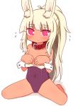  1girl animal_ear_fluff animal_ears bangs bare_legs bare_shoulders barefoot blonde_hair blush breasts bunny_ears closed_mouth collar collarbone covered_navel covering covering_breasts dark_skin eyebrows_visible_through_hair flying_sweatdrops heart heart-shaped_pupils highres leotard long_hair looking_at_viewer masurao_(sekaiju) naga_u pink_eyes ponytail purple_leotard red_collar sekaiju_no_meikyuu sekaiju_no_meikyuu_5 shadow sidelocks sitting small_breasts solo strapless strapless_leotard symbol-shaped_pupils thick_eyebrows very_long_hair wariza white_background wrist_cuffs 