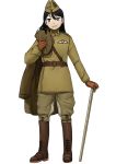  1girl absurdres anyan_(jooho) belt black_hair blue_eyes boots brown_footwear brown_gloves brown_headwear brown_jacket brown_pants cane full_body garrison_cap gloves hat high_collar highres holding holding_clothes jacket long_hair military military_uniform original pants simple_background smile solo standing teeth uniform white_background world_war_i 