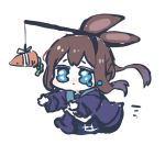  1girl amiya_(arknights) animal_ears arknights bangs black_jacket blue_eyes bunny_ears carrot carrot_on_stick chibi crying hair_between_eyes jacket long_hair lowres ponytail simple_background stick sukima_(crie) upper_body white_background 