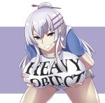  1girl altronage bent_over breast_grab breasts commission copyright_name english_commentary frolaytia_capistrano grabbing hair_bun heavy_object highres large_breasts long_hair mega_milk meme_attire purple_eyes shirt short_shorts shorts silver_hair solo t-shirt v-shaped_eyebrows 