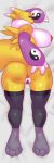  2018 3_fingers absurd_res anthro anus areola armband big_breasts black_sclera blush breasts butt canid canine clothed clothing dakimakura_design digimon digimon_(species) eyewear fan_character female fingers fur genitals glasses green_eyes hi_res huge_breasts juzztie legwear looking_at_viewer looking_back lying mammal mane nipples on_front open_mouth open_shirt presenting presenting_hindquarters professor_rena pussy renamon shirt solo stockings thigh_highs topwear white_body white_fur yellow_body yellow_fur 
