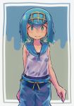  1girl big_anteater blue_eyes blue_hair blue_pants blue_sailor_collar blush breasts closed_mouth commentary_request eyebrows_visible_through_hair gold_hairband hairband highres looking_at_viewer no_sclera one-piece_swimsuit pants pokemon pokemon_(game) pokemon_sm raised_eyebrows sailor_collar shirt sleeveless sleeveless_shirt solo suiren_(pokemon) swimsuit swimsuit_under_clothes tearing_up trial_captain wavy_mouth wet wet_clothes wet_hair 