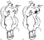  balls big_hipped bigshow cigarette clothed clothing cuphead_(game) dragon dress flaccid footwear genitals gynomorph herm hi_res high_heels intersex lips looking_at_viewer monochrome muscular nipples nude penis shoes smoke uncut video_games 