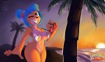  2020 5_fingers absurd_res activision anthro areola bandicoot batartcave beach big_breasts bikini blue_hair breasts clothed clothing crash_bandicoot_(series) curvy_figure digital_media_(artwork) eyewear female fingers genitals hair hi_res holding_object looking_at_viewer mammal marsupial megumi_bandicoot micro_bikini navel nipple_outline one_eye_closed palm_tree pussy pussy_floss seaside sling_bikini smile solo sunglasses sunset swimwear tree video_games wink 