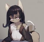  2020 4_fingers anthro bent_over big_breasts black_hair blush breasts butt canid canine clothed clothing eyewear female fingers fox glasses grey_background hair half-closed_eyes honeycalamari mammal narrowed_eyes purple_eyes simple_background snout solo topwear 