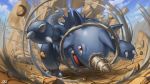  cloud commentary_request day fang gen_1_pokemon highres incoming_attack no_humans open_mouth outdoors pokemon pokemon_(creature) red_eyes rhydon rock sky solo supearibu tongue 