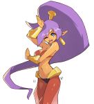  1girl :d blue_eyes bra bracer breasts commentary dark_skin earrings english_commentary harem_pants hoop_earrings jewelry large_breasts long_hair looking_at_viewer navel one_eye_closed open_mouth pants pointy_ears ponytail red_bra shantae_(character) shantae_(series) simple_background smile solo standing underwear upper_teeth very_long_hair vins-mousseux white_background 